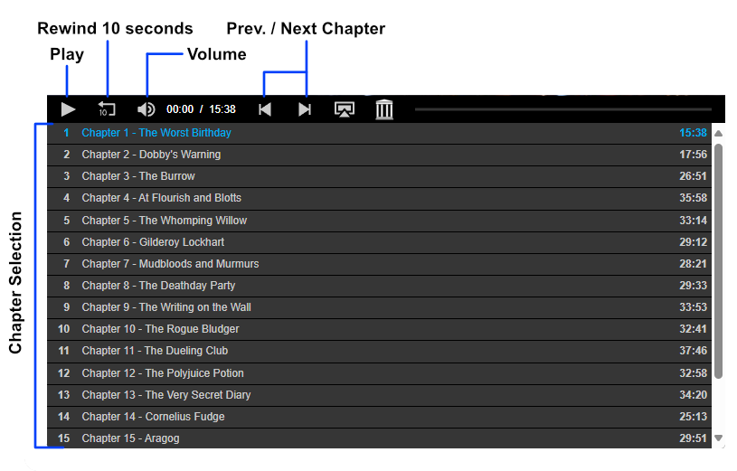 The Leaky Cauldron Audiobooks Player Instructions
